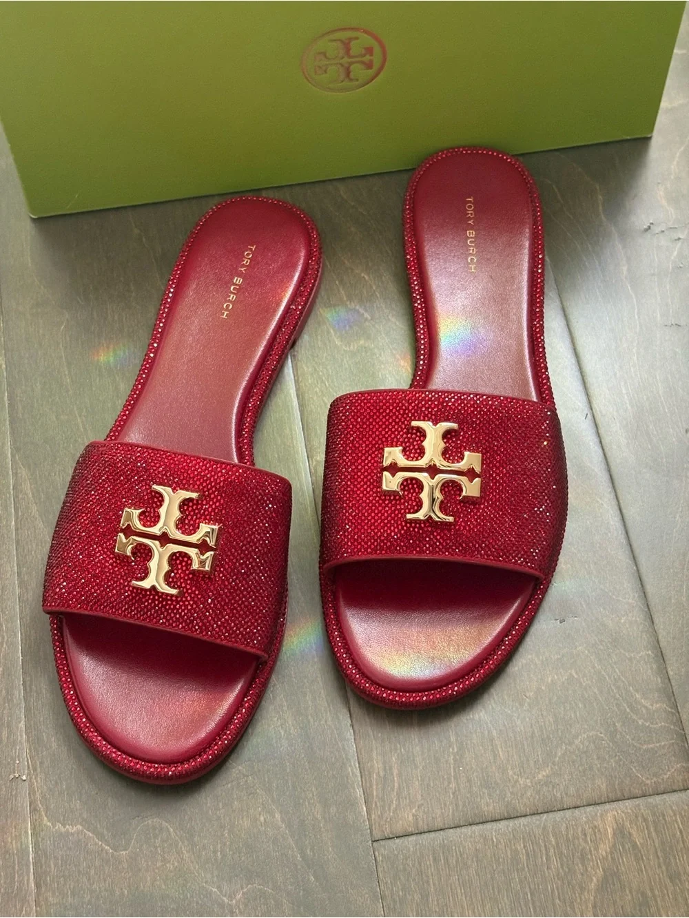 Tory Burch Everly  Red Crystal Logo Slide Sandals